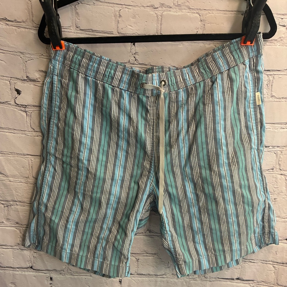 Onia Swim Trunk Shorts Men’s Blue Gray Stripe Print‎ Mesh Lined Pockets Size L